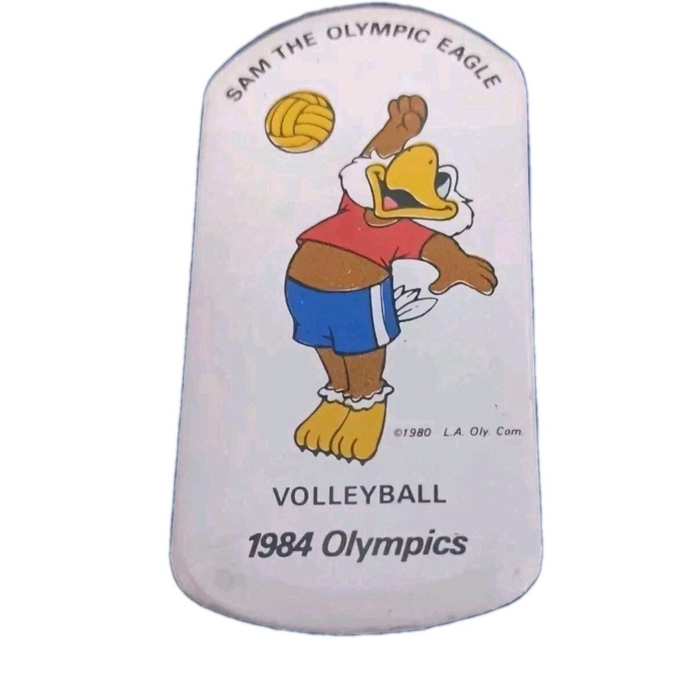 Vintage LA 1984 Olympics Sam The Eagle "Official Mascot" Volleyball Pin Button